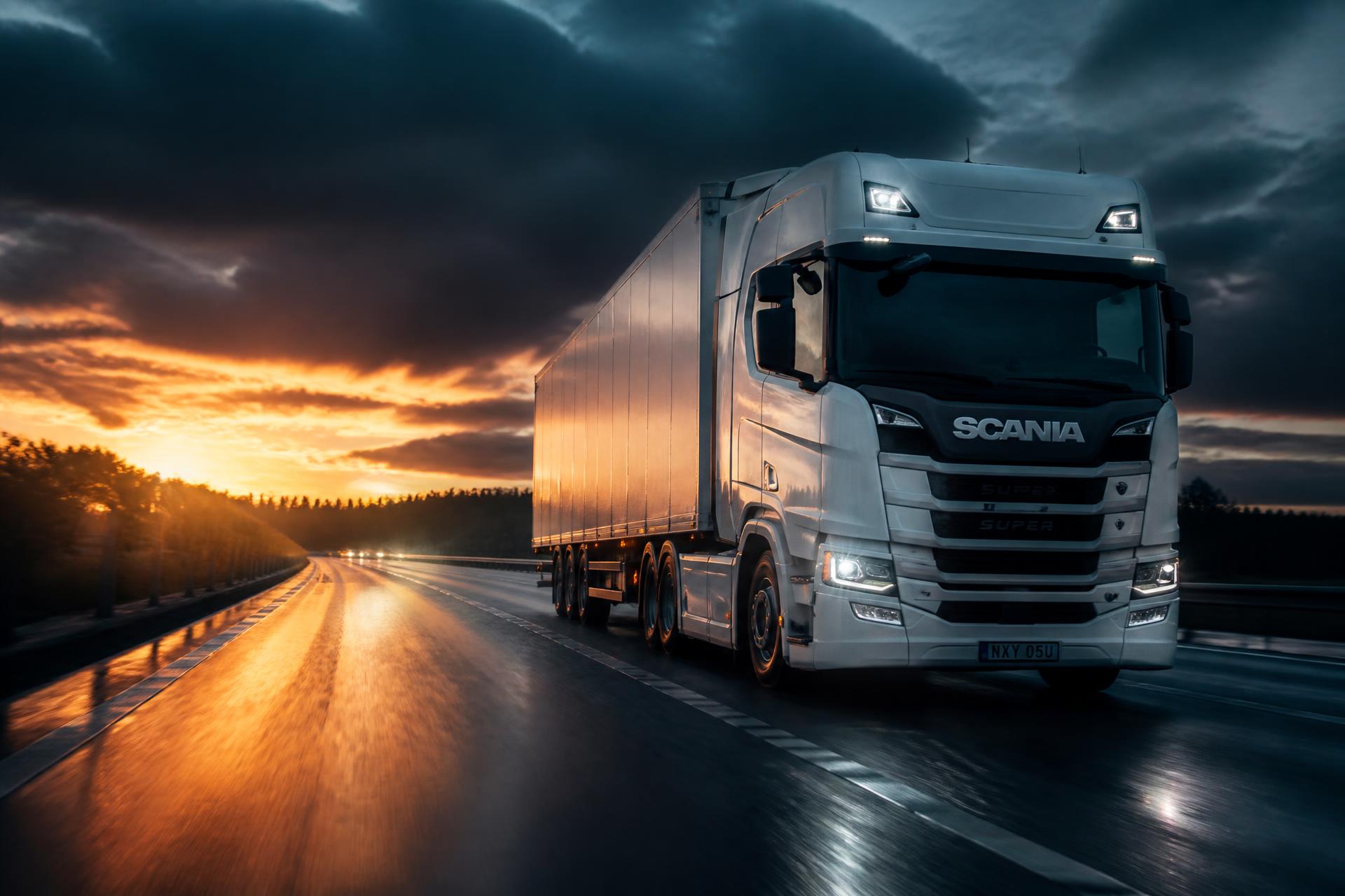 Camion modern pe o autostradă europeană, la apus